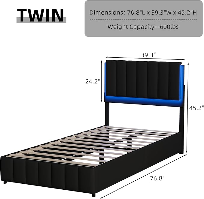 Twin Upholstered Bed Frame with LED Lights, Faux Leather Platform Bed with Headboard and Wooden Slats Support, No Box Spring Needed, Noise-Free, Easy Assembly, Black
