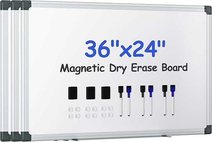 VUSlGN 3PCS Magnetic White Board kit for Wall 36" x24", 3 Dry Eraser & 6 Multicolor Markers & 12 Magnetic Pins, Sliver Reinforced Aluminum Frame for Home, School, Office