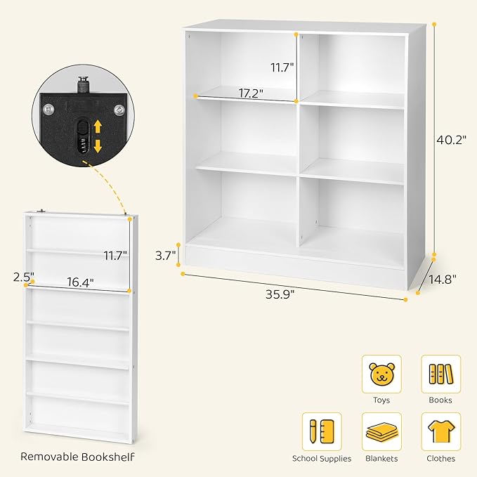 Cowiewie Toy Organizers and Storage, 5-Section Kids Bookshelf for Organizing Books Toys, Wooden Storage Cabinet for Playroom, School Classroom