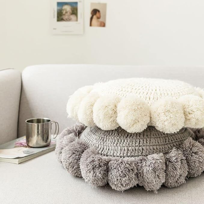Knitted Throw Pillow Round Couch Pillow Sofa Cute Cushion Handmade Pompoms Decorative Plush Pillow (Beige, Diameter 18inches)