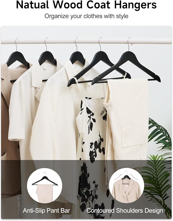 StorageWorks Black Wooden Hangers, 30 Pack Wood Hanger for Closet, Coat Hangers for Coats, Shirts, Pants, Suits