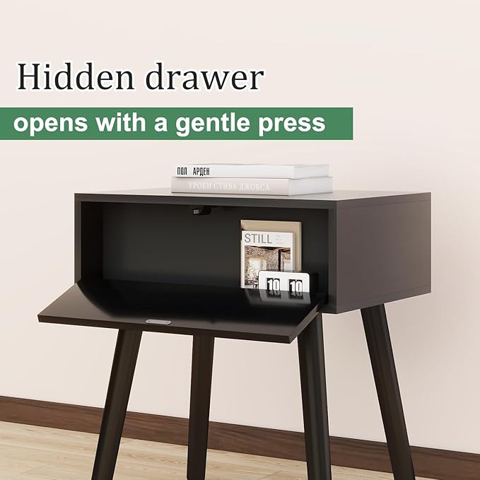 IBUYKE Hidden Compartment Nightstands, Rattan Nightstand with Wood Legs, Boho Side Table Concealment Furniture, Bedside End Table for Bedroom, Easy Assembly, Black UWNS010B