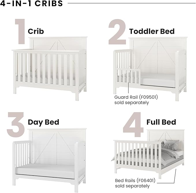 Child Craft Woodland 4-in-1 Convertible Crib, Baby Crib Converts to Day Bed, Toddler Bed and Full Size Bed, 3 Adjustable Mattress Positions, Non-Toxic, Baby Safe Finish (Brushed Cotton)