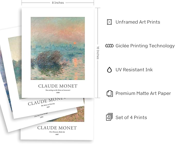 EVOLE HOME Claude Monet Art Prints, Set of 4 Wall Art, Unframed 8x10 Art Prints, Giclée Prints, Impressionism Art Poster for Home Decor, Office Wall Decor, Gift for Men, Women
