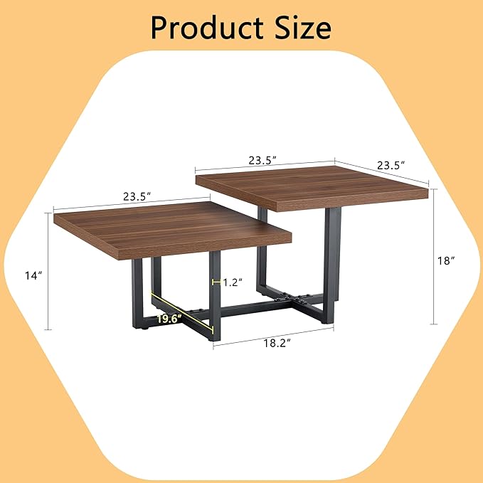 Modern Coffee Table,47" Double Layer Coffee Table,Walnut Color Square Center Tables for Living Room, Easy to Assemble and Clean