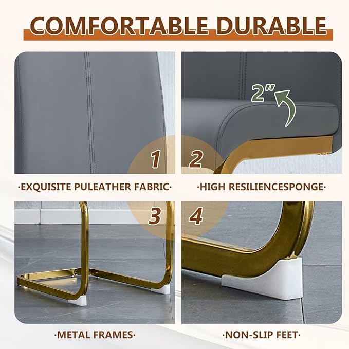 63'' Glass Dining Table Set for 4, Kitchen Table Chairs Set of 4, Clear Glass Dining Table with Black unique design Leg and Gold Metal Base, 4 PU Dining Chairs with Metal Legs, Living Room, Kitchen.