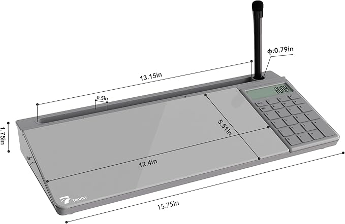 TOWON Desktop Glass Whiteboard with Basic Calculator, 12 Digit LCD Display, Desk Organizers with Accessories for Office, Home, School Supplies, Storage with Dry Erase Board Surface, Gray, 18'' x 6''