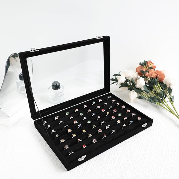 Wudygirl 7 Slot Ring Holder Organizer Display Tray for Rings And Jewelry Storage Velvet Ring Box with Multiple Slots Rings Organizer and Jewelry Showcase (Black Velvet)