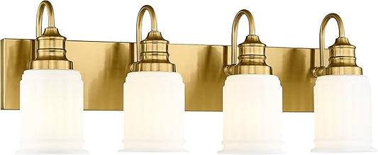 Bathroom Light Fixtures 4-Lights, HWH Brushed Gold Vanity Light Modern Bathroom Vanity Lights Over Mirror, 26'' Antique Brass Vanity Light with Frosted White Bell-Shaped Fluted Glass, 5HZG106B-4W BG