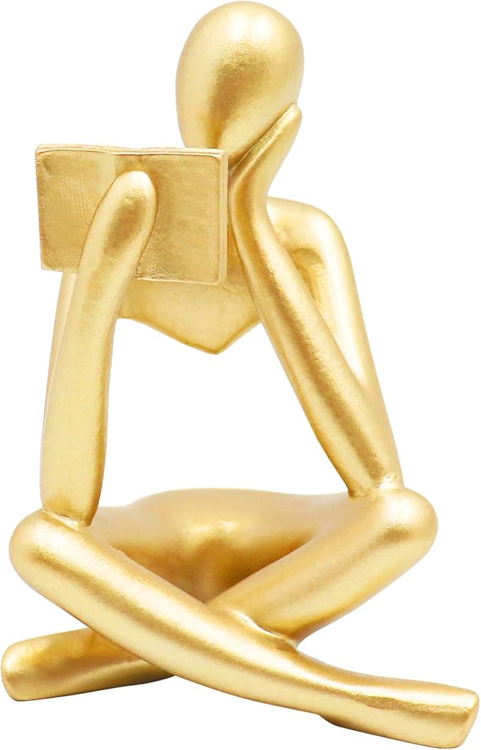 Bookshelf Decor, Golden Reading Thinker Sculpture Figurine, Coffee Table Decor, Entry Way Table Home Decor, Decorative Statue for Living Room, Office, Bedroom, Gift