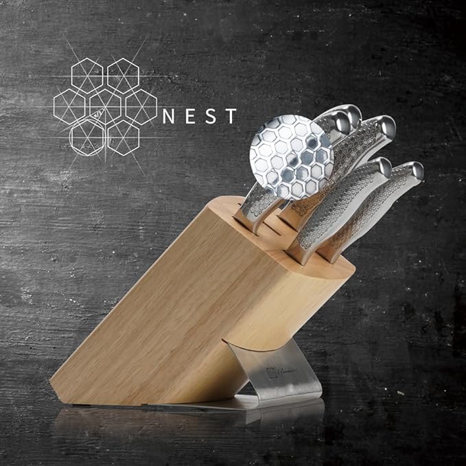 Kitchen Knife Set, One-piece Stainless Steel Knife Sets for Kitchen with Block, 6 Pieces Solid Natural Wood Knife Block Set, Box Packed, Silver.