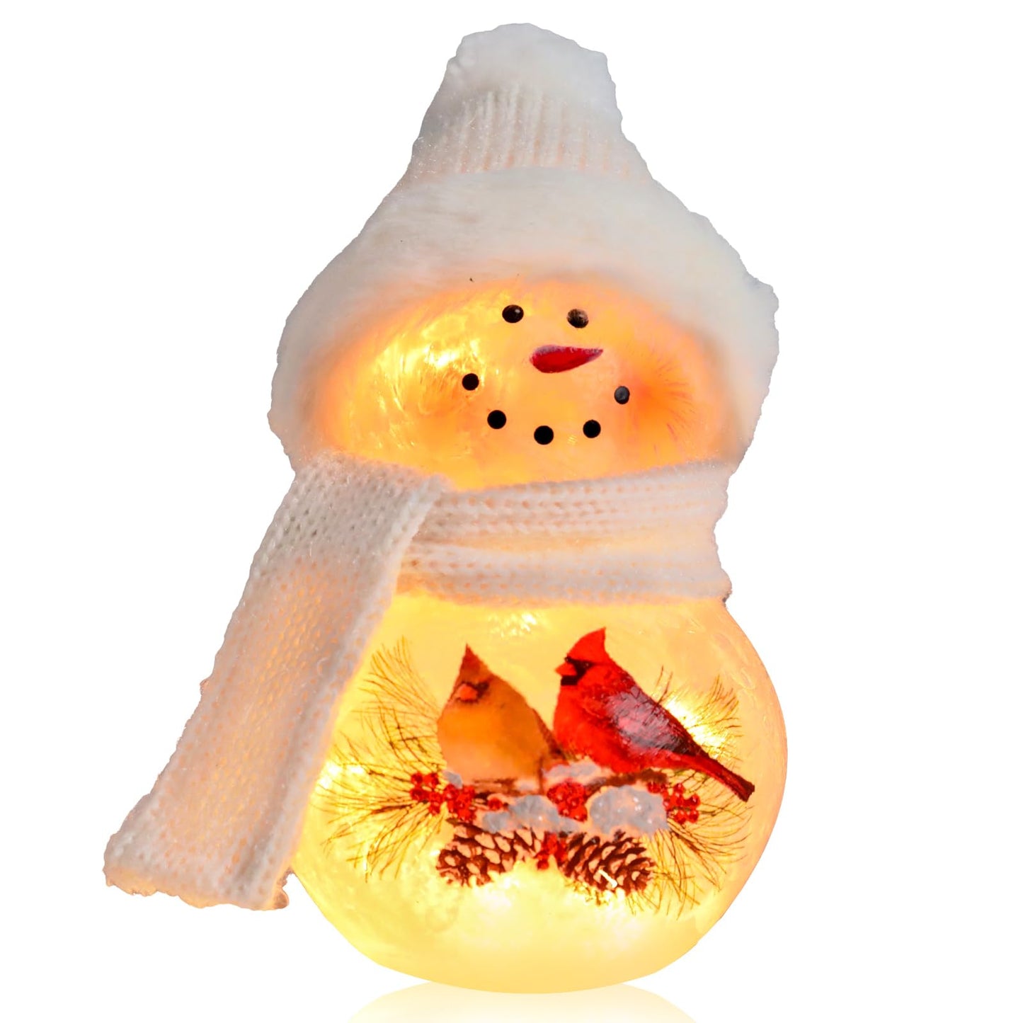 VCUTEKA Crackle Glass Snowman Lamp, Lighted Stained Glass Christmas Decoration with Red Cardinals, White Scarf and Hat, LED Holiday Night Light for Xmas Home Décor or Gift