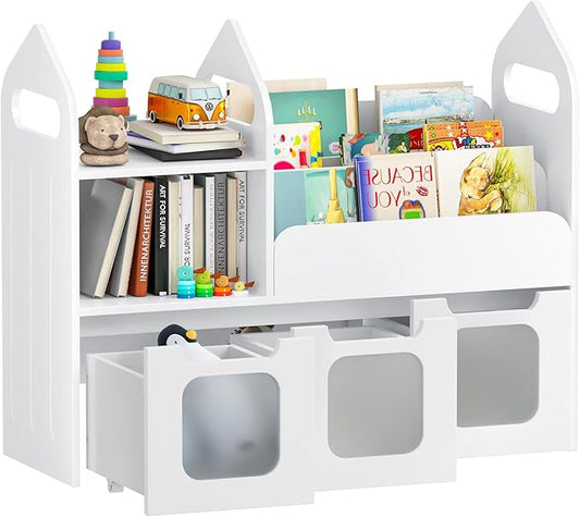 Toy Storage Organizer with 3 Movable Drawers and Storage Cubby, 25.5" H Kids Bookshelf and Toy Storage, Book Shelf for Kids Room, Nursery, Playroom, Bedroom, White