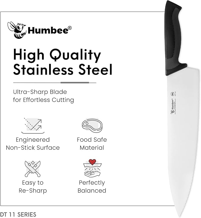 12 Inch Professional Chef Knife with Ergonomic Handle – NSF Certified Stainless Steel Kitchen Knife, Serrated Wave Teeth, Durable and Sharp Blade, DT 11 Series, Black