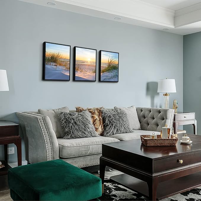 Black Framed Beach Wall Art Set - Blue Seascape Paintings for Living Room, Bedroom & Office - 12"X16" Each