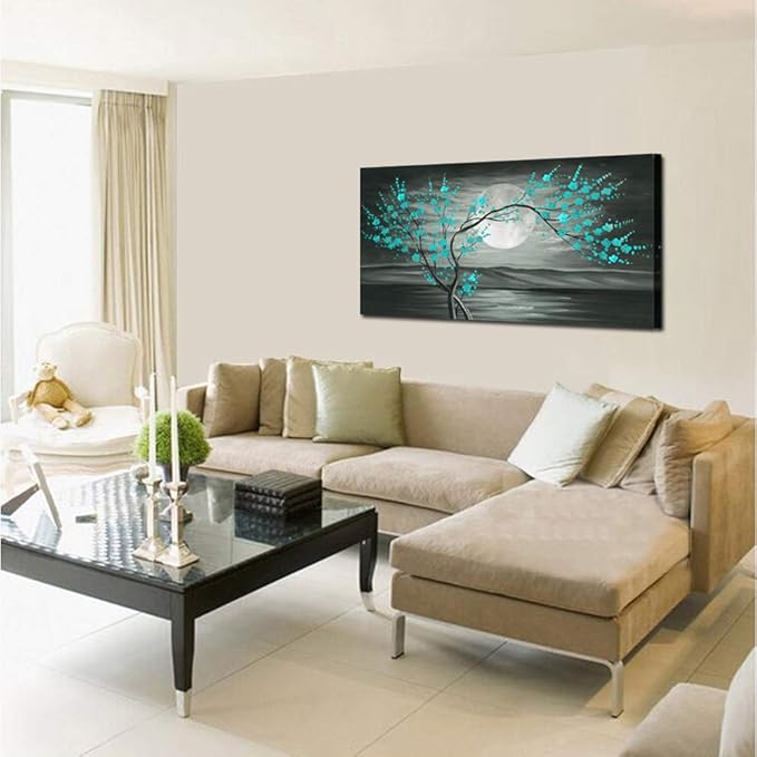 KREATIVE ARTS Large Canvas Prints Wall Art Grey and Teal Plum Blossom Tree and Full Moon Landscape Contemporary Painting for Home Living Room Decorations 20x40inch