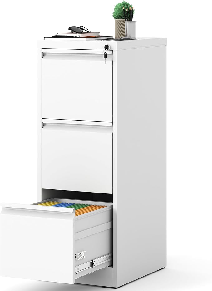 AQY 3 Drawer File Cabinet with Lock, White Metal Filing Cabinets for Home Office, 18" Deep Vertical Storage File Cabinets for Hanging A4/Letter/Legal Size Files, Assembly Require