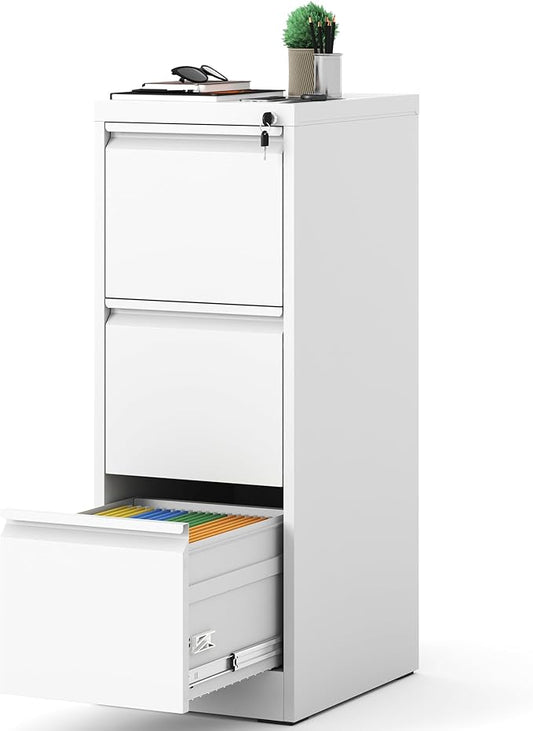 AQY 3 Drawer File Cabinet with Lock, White Metal Filing Cabinets for Home Office, 18" Deep Vertical Storage File Cabinets for Hanging A4/Letter/Legal Size Files, Assembly Require