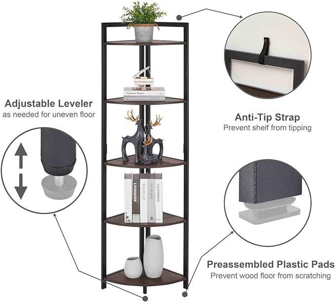 FATORRI Rustic Tall Corner Shelf, 5 Tier Industrial Corner Bookshelf for Living Room, Dark Wood and Metal Corner Plant Stand for Home Office (Walnut Brown)