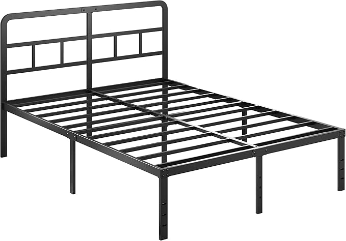 16 Inch Full Size Bed Frame with Headboard No Box Spring Needed, Heavy Duty Metal Platform with Steel Slat, Mattress Foundation, Easy Assembly, No Noise, Black