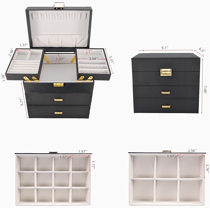 Dajasan Jewelry Boxes for Women Girls, Jewelry Holder Organizer Box, 4 Layers Large Jewelry Storage Organizer for Earring, Ring, Necklace, Bracelets (Black)