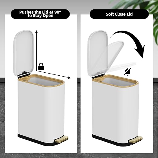 2.6 Gallon Slim Bathroom Trash Can with Soft Close Lid, 10L Stainless Steel Garbage Can with Removable Liner Bucket, for Narrow Spaces, Bathroom, Bedroom (White)