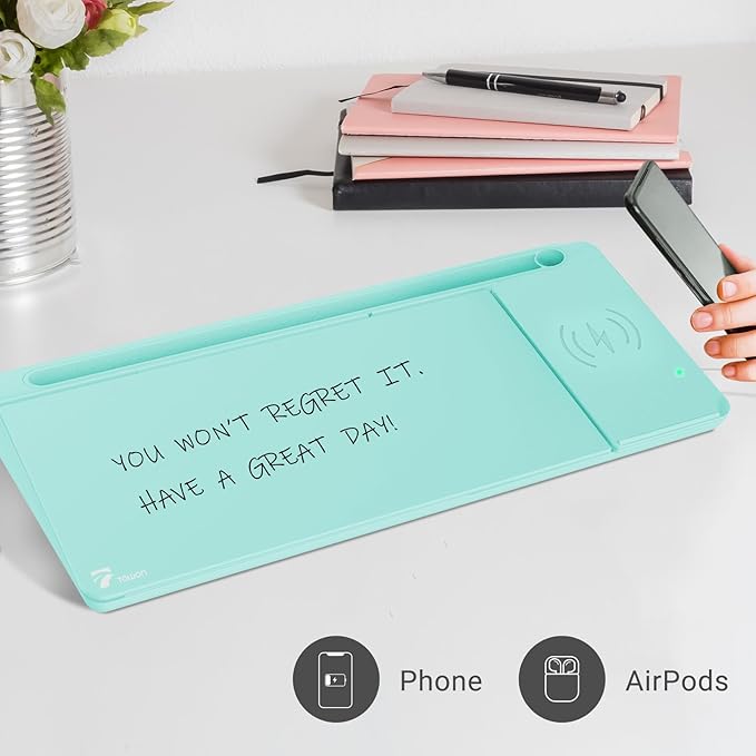 TOWON Desktop Glass Whiteboard with Charger Pad, Whiteboard for Desk with Charging Station, Desk Buddy Dry Erase with Charger for Home Office, Dry Erase Computer Desk Notepad, Teal Blue, 17 x 6 Inches