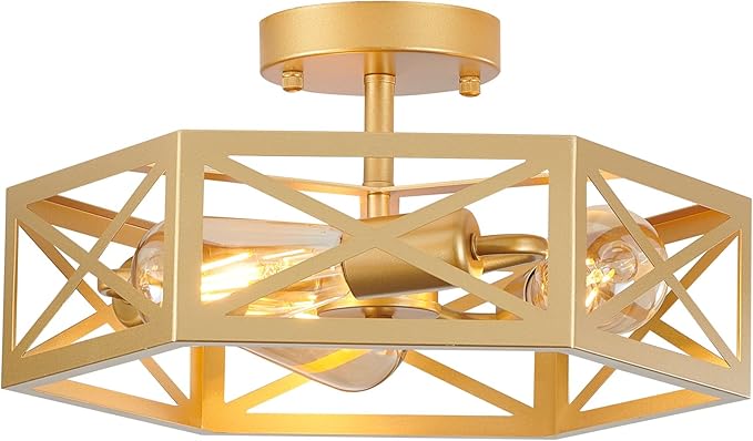 Flush Mount Ceiling Light, Gold Light Fixtures Ceiling Mount, 3 Light Modern Close to Ceiling Light Fixture with Metal Hexagon Cage Brass Lights for Kitchen, Hallway, Bathroom