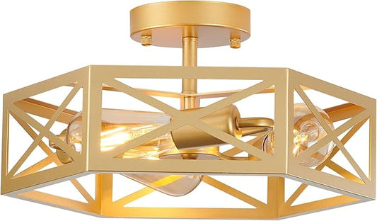 Flush Mount Ceiling Light, Gold Light Fixtures Ceiling Mount, 3 Light Modern Close to Ceiling Light Fixture with Metal Hexagon Cage Brass Lights for Kitchen, Hallway, Bathroom