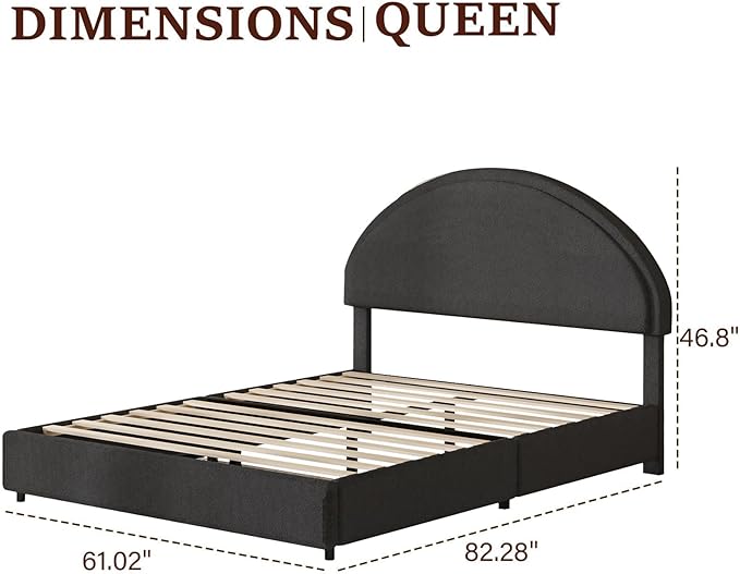 Queen Bed Frame, Boucle Upholstered Platform Bed Frame with Headboard, Soft Platform Bed with Round Conner, No Box Spring Required, Easy Assembly, Dark Grey