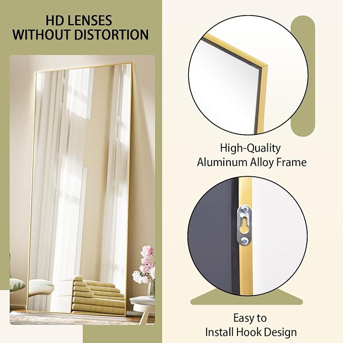 BEAUTYPEAK Full Length Mirror with Stand, 56"x21" Floor Mirror with Aluminum Alloy Thin Frame, ShatterVue Tempered Full Body Mirrors, Free Standing or Wall-Mounted Mirrors for Living Room, Gold