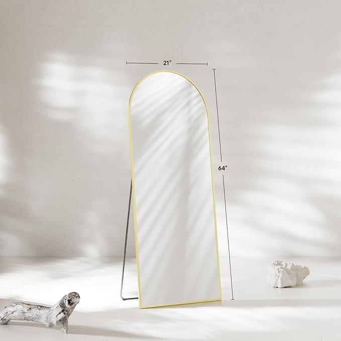 Arched Full Length Mirror 64"x21", Gold Tempered Glass Wall Hanging Mounted Body Length Mirrors with Stand, Large Floor Aluminum Alloy Thin Frame