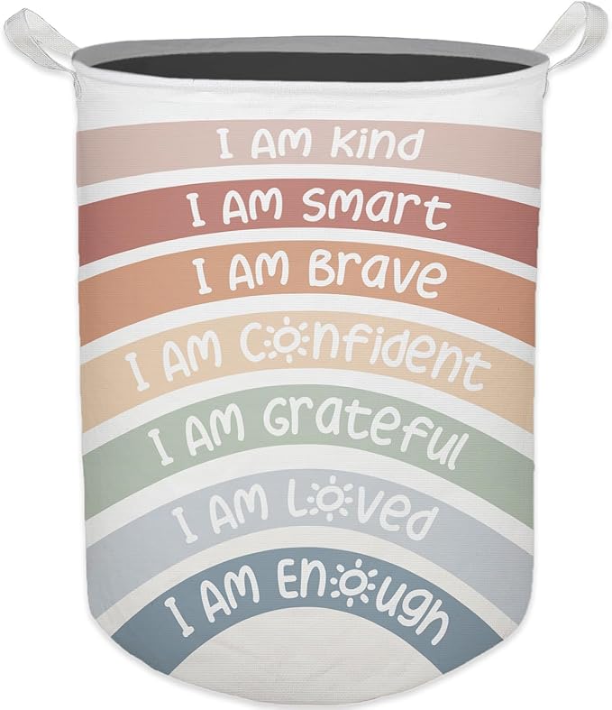 Boho Rainbow Laundry Basket, Positive Affirmations Inspirational Waterproof Collapsible Laundry Hamper Dirty Clothes Storage Toy Bin Organizer for Kids Room College Dorm Bedroom Bathroom