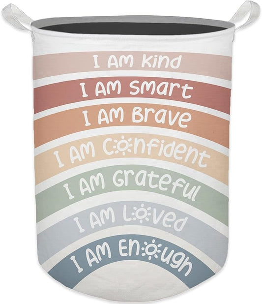 Boho Rainbow Laundry Basket, Positive Affirmations Inspirational Waterproof Collapsible Laundry Hamper Dirty Clothes Storage Toy Bin Organizer for Kids Room College Dorm Bedroom Bathroom