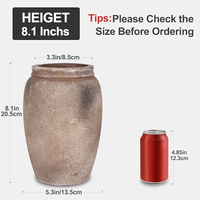 Rustic Farmhouse Ceramic Vase, 8.1" Tall Vintage Pottery Vases, Terracotta Decorative Boho Pampas Flower Vase, Suitable for Home Decor Living Room Entryway Table Bookshelf Mantle Shelf Decor