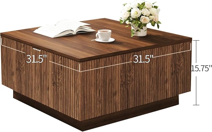 31" Lift Top Coffee Table with Hidden Storage, Farmhouse Square Wood Center Table with Fluted Design for Living Room, Apartment, Small Spaces, Brown Walnut