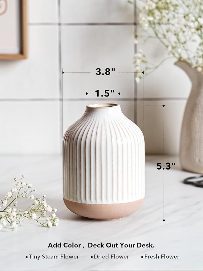 Small Boho Vase for Decor, Rustic Farmhouse Vase for Pampas Grass,Ceramic Flower Vases for Centerpieces, 5.3 Inch,Set of 4,Arctic White