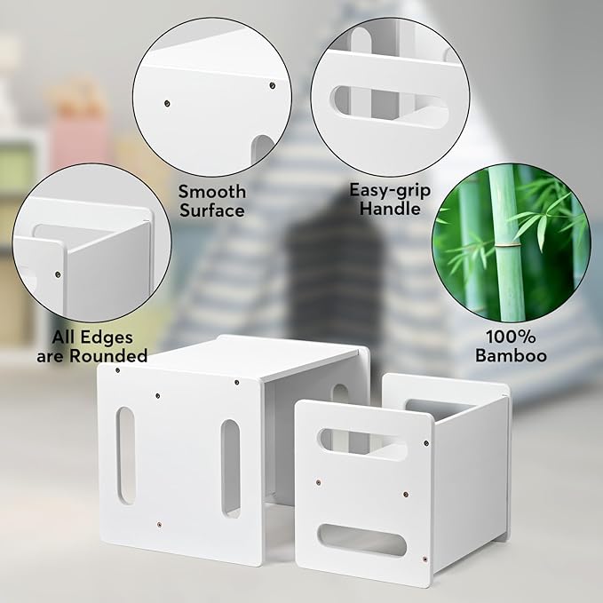 Kids Table and Chair Set,Montessori Weaning Table and Chair,Natural Bamboo Small Desk Chair,Toddler Activity Table and Chair Set for 1-3 Year Old Kids Dinner,Reading,Playing Toys,CPC Certified, White