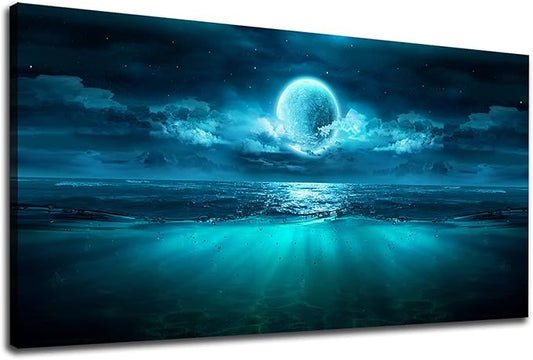 Full Moon Ocean Waves Wall Art Moon Night Canvas Pictures Dark Teal Blue Seascape Canvas Art Landscape Prints Artwork for Living Room Bedroom Bathroom Ofiice Kitchen Home Wall Decoration 20" x 40"