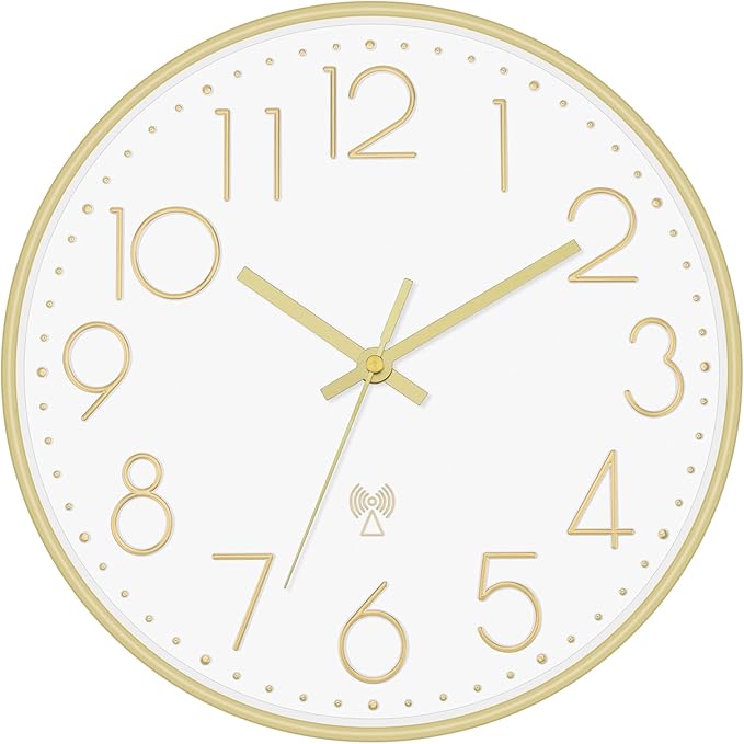 Foxtop Atomic Wall Clock Battery Operated Round Analog Modern Wall Clock Sets Automatically for Office Classroom Bedroom Kitchen Living Room (Gold)