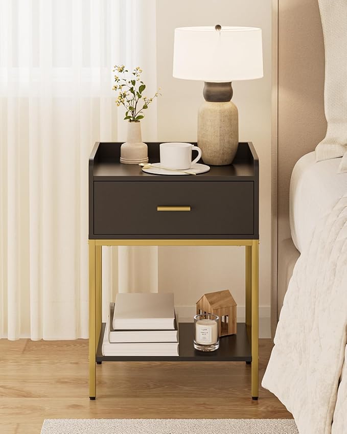 Nightstand,3-Tier Modern Night Stand,Bedside Table with Storage Drawer and Shelf,Small Side Table for Bedroom,Living Room,Black