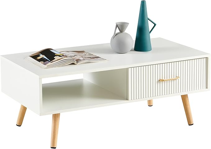 Mid Century Wooden Coffee Table with Stripe Drawer，Modern 41" Large Center Table with Storage，Rectangular White Coffee Tables for Living Room, 2-Tier Cocktail Table, Solid Wood Legs