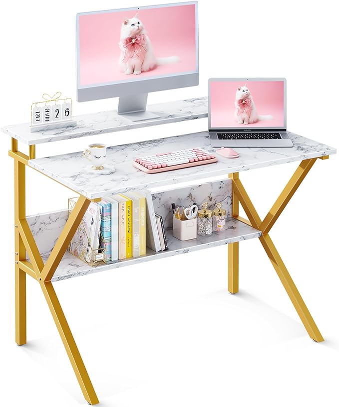 ODK Small Desk, 27.5 Inch Computer Desk for Small Spaces, Compact Desk with Storage, Tiny Study Table with Monitor Stand for Home Office, White Marble + Gold Leg