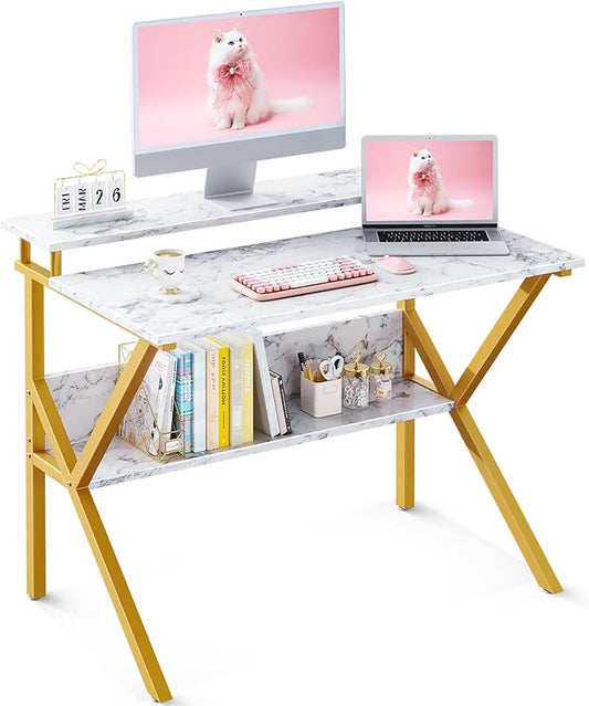 ODK Small Desk, 27.5 Inch Computer Desk for Small Spaces, Compact Desk with Storage, Tiny Study Table with Monitor Stand for Home Office, White Marble + Gold Leg