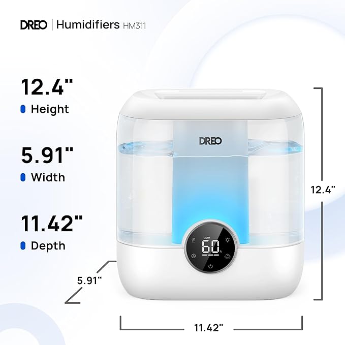 Dreo 6L Top Fill Humidifiers for Bedroom, 60H Runtime, 28 dB Quiet Supersized Cool Mist Humidifiers for Large Room, Air Humidifier for Home, Baby, Plant, Indoor, Night Light, Ultrasonic
