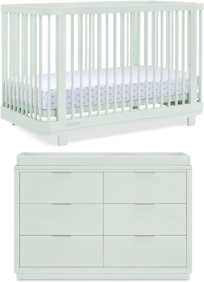 Delta Children Nest Crib and Dresser Nursery Furniture – 4-in-1 Convertible Crib | Forever 6 Drawer Dresser with Changing Top | Light Sage