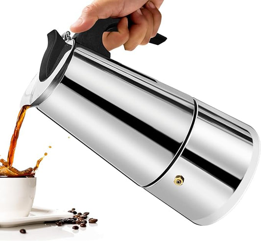 4 Cup Moka Pot Percolator Italian Coffee Maker 200ml Stovetop Espresso Mocha Stainless Steel Greca Coffee Maker Classic Cafe Makers Suitable for Induction Cookers Ceramic Stoves Straight
