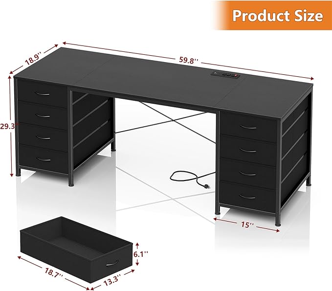 60 Inch Computer Desk with 8 Drawers, Home Office Desk with Power Outlets, Work Study Gaming Desk with 8 Fabric Drawers, Black