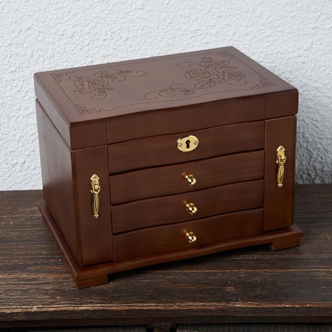 FEECOZ Wooden Jewelry Box for Women, Solid Wood Jewelry Organizer with Mirror and 3-Drawer, Ring,Necklacel,Vintage Style Storage Box with Lock (Dark Brown（Rose Pattern)