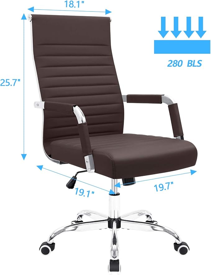 Furmax Ribbed Office Desk Chair Mid-Back PU Leather Executive Conference Task Chair Adjustable Swivel Chair with Arms (Brown)